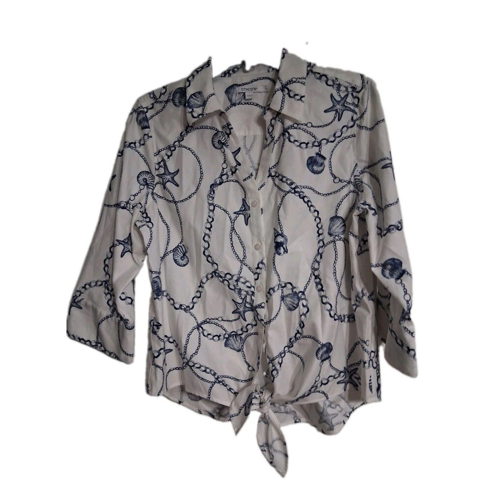 Women's Chico's 3/4 Sleeve Nautical Tie Front Top Size 1 (8)